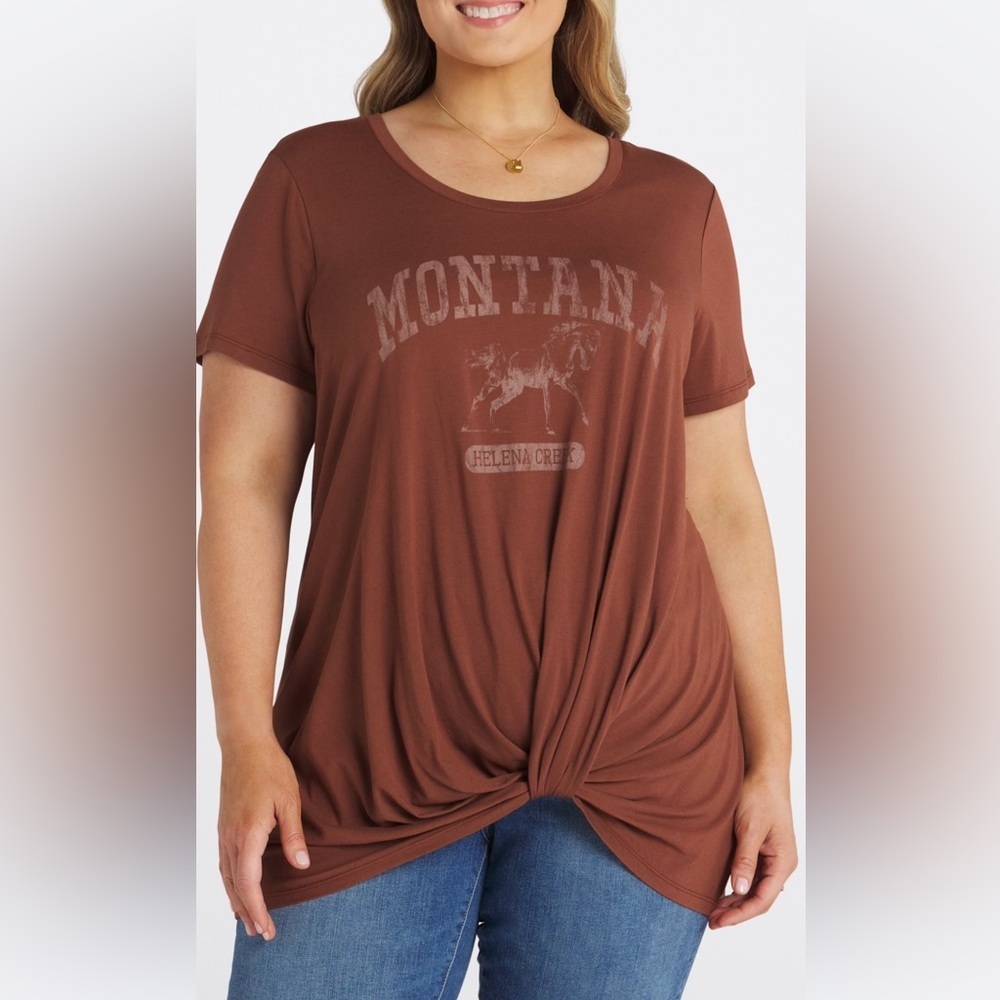 NINE BRITTON Munich Front Knot Detail Knit Top scoop neck size 2XL BROWN RUST